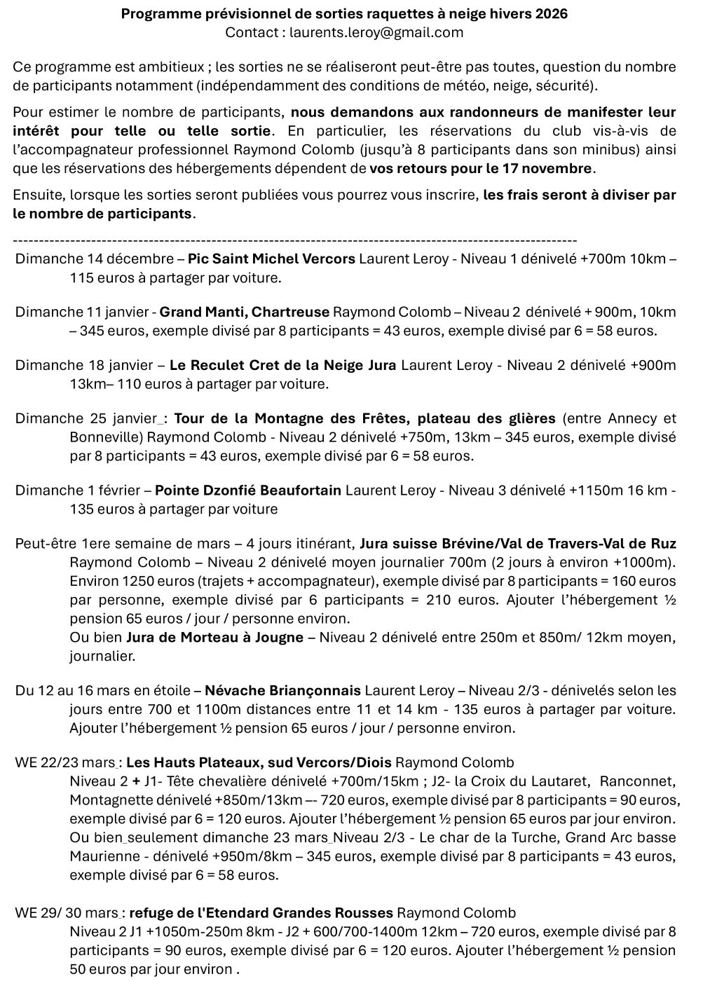 Programme raquettes 2026