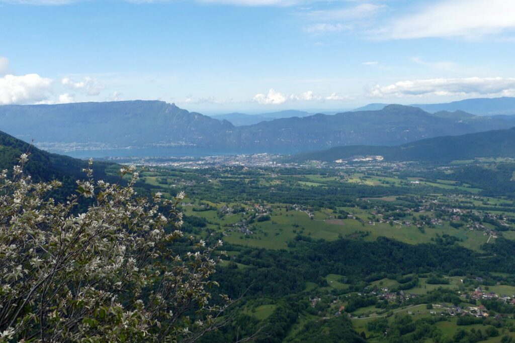Vue sur lac du Bourget depuis table d'orientation de la Cochette
