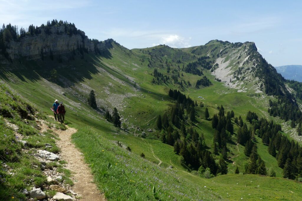 Randonnée pédestre-Vercors-Chemin en balcon au pied des rochers d'hurtière-Les rochers de Lorzier à droite-Club Alpin Ouest Lyonnais Randonnée pédestre- massif de la Chartreuse-Grande Sure-Club Alpin Ouest Lyonnais-rochers d'Hurtières et Rochers du Lorzier