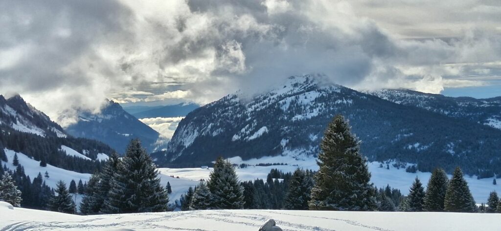 Raquette Glières-vue sur le plateau des Glières et sur la tête de l'Arpettaz dans les nuages- Janvier 2026-Club Alpin Ouest Lyonnais
